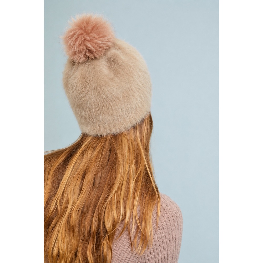 Anthropologie Fuzzy Beanie Faux Fur Pom Hat Layering Coquette Apres Ski Chic